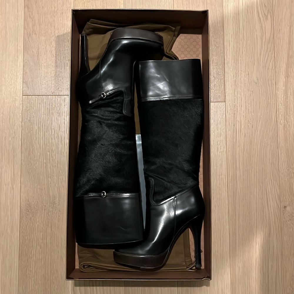 Gucci tall black leather + hair boots size 6 1/2